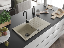 Mexen Cesar évier en granit à 1 cuve avec égouttoir 775 x 470 mm, Beige, siphon Noir - 6514771010-69-B