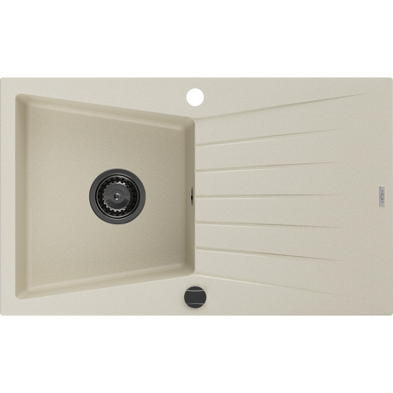 Mexen Cesar évier de cuisine en granit 1 bac avec égouttoir 775 x 470 mm, beige, siphon noir - 6514771010-69-B