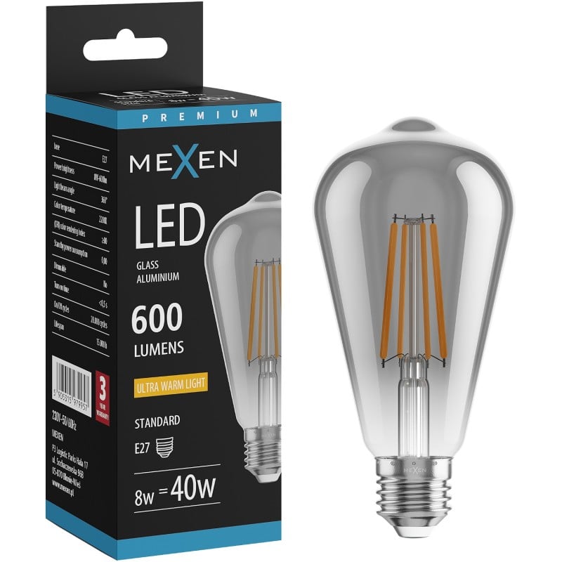 Mexen Vintis Ampoule filament LED E27, ST64, 8W, Chaude - 2200K, 600 lm, fumée - L152-E27-0822-70