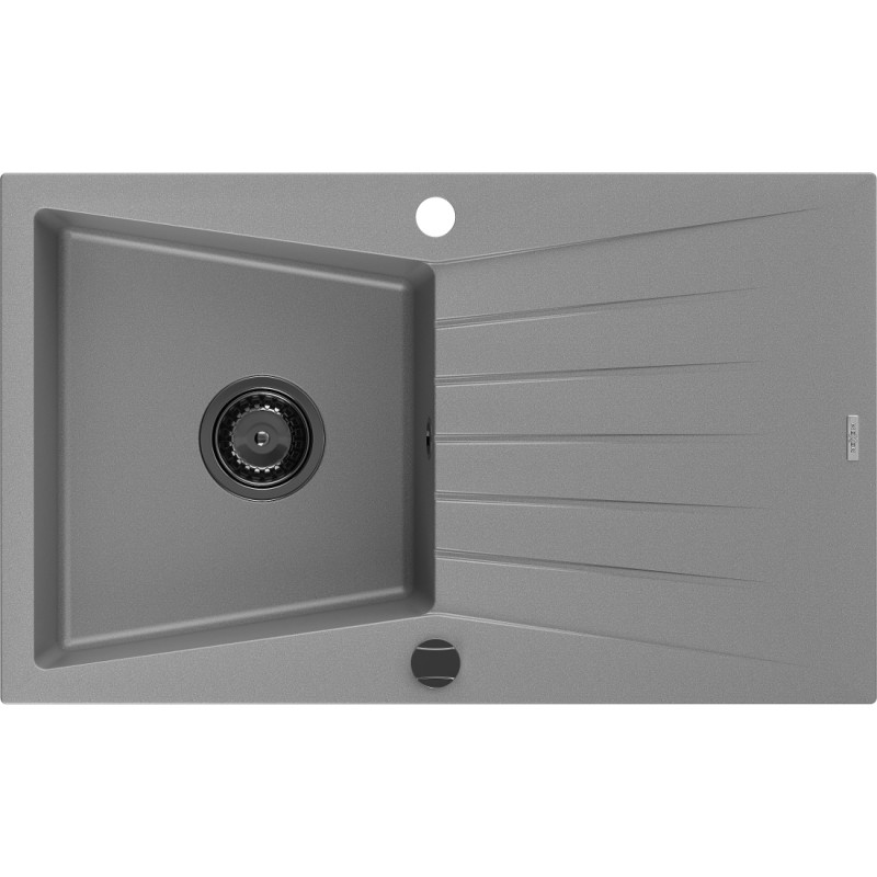 Mexen Cesar évier en granit 1 cuve avec égouttoir 775 x 470 mm, gris, siphon noir - 6514771010-71-B