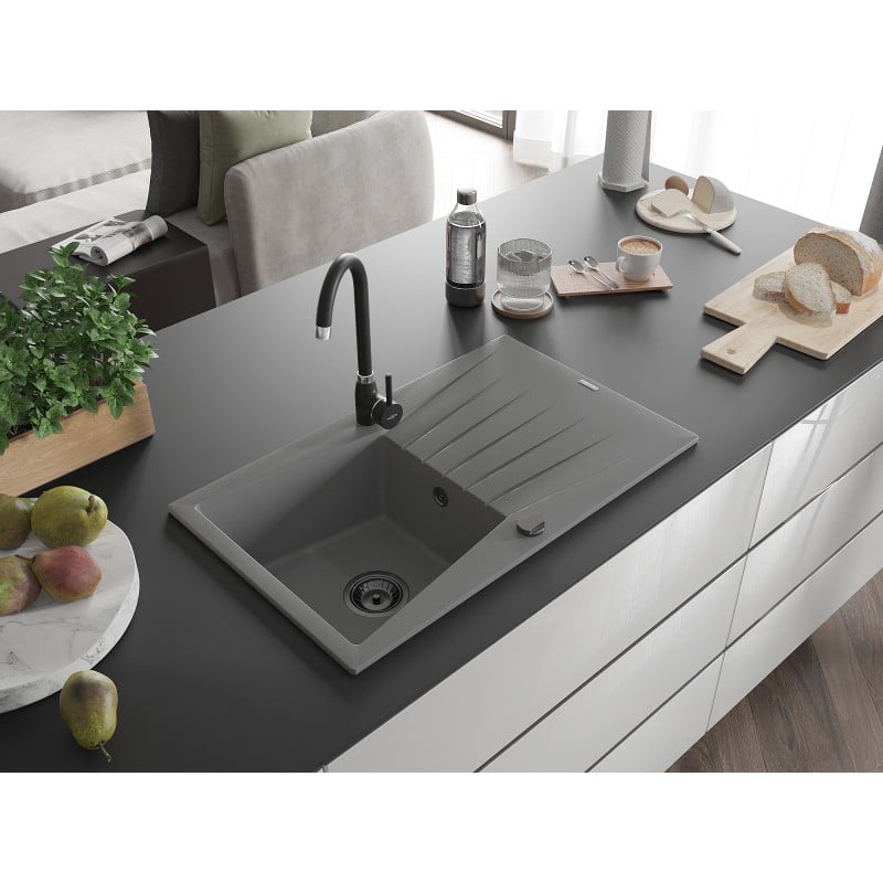 Mexen Cesar évier en granit 1 bac avec égouttoir 775 x 470 mm, gris, siphon noir - 6514771010-71-B