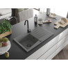 Mexen Cesar évier en granit à 1 bac avec égouttoir 775 x 470 mm, gris, siphon noir - 6514771010-71-B