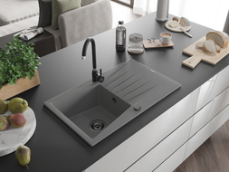 Mexen Cesar évier en granit 1 cuve avec égouttoir 775 x 470 mm, gris, siphon noir - 6514771010-71-B