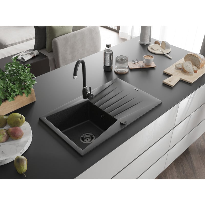 Mexen Cesar évier en granit 1 bac avec égouttoir 775 x 470 mm, noir/argent métallisé, siphon noir - 6514771010-73-B