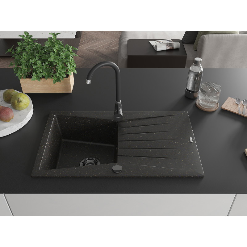 Mexen Cesar évier en granit 1 bac avec égouttoir 775 x 470 mm, noir/doré métallisé, siphon noir - 6514771010-75-B