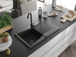 Mexen Cesar évier en granit 1 bac avec égouttoir 775 x 470 mm, noir/doré métallique, siphon noir - 6514771010-75-B