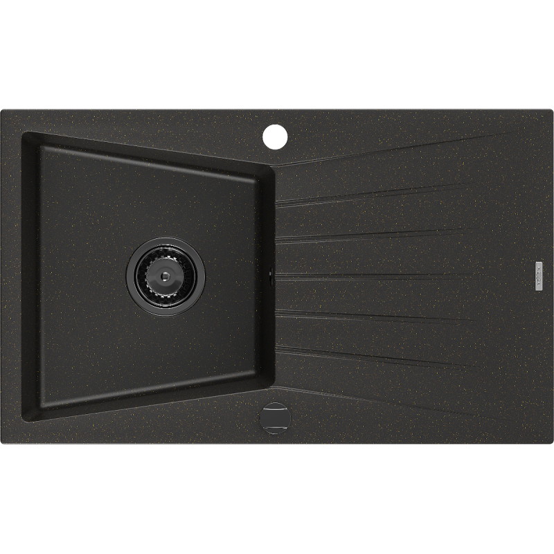 Mexen Cesar évier en granit 1 bac avec égouttoir 775 x 470 mm, noir/doré métallique, siphon noir - 6514771010-75-B