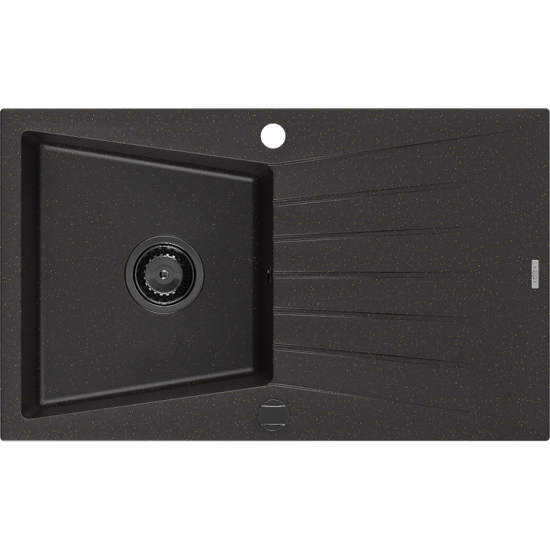 Mexen Cesar évier en granit 1 bac avec égouttoir 775 x 470 mm, noir/doré métallisé, siphon noir - 6514771010-75-B