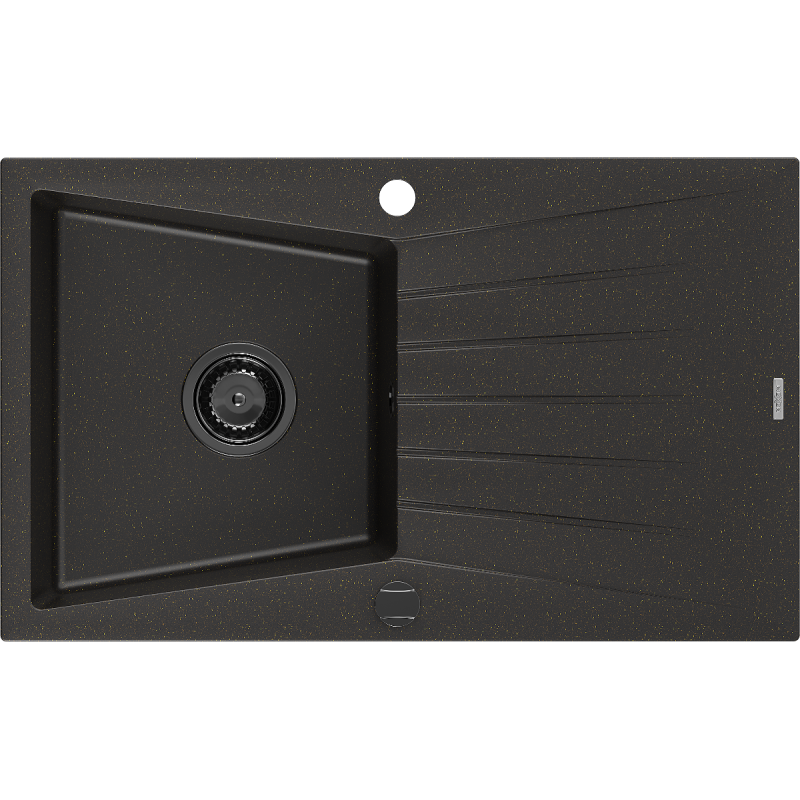 Mexen Cesar évier en granit à 1 bac avec égouttoir 775 x 470 mm, noir/doré métallique, siphon noir - 6514771010-75-B