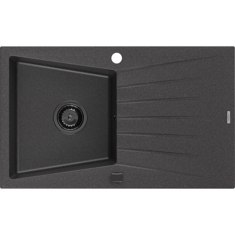 Mexen Cesar évier de cuisine en granit avec 1 bac et égouttoir 775 x 470 mm, noir moucheté, siphon noir - 6514771010-76-B
