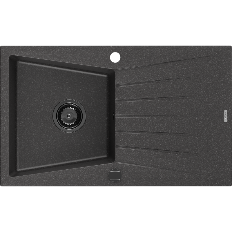 Mexen Cesar évier en granit à 1 cuve avec égouttoir 775 x 470 mm, Noir moucheté, siphon Noir - 6514771010-76-B
