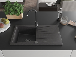 Mexen Cesar évier en granit à 1 cuve avec égouttoir 775 x 470 mm, Noir moucheté, siphon Noir - 6514771010-76-B