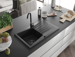 Mexen Cesar évier en granit à 1 cuve avec égouttoir 775 x 470 mm, Noir, siphon Noir - 6514771010-77-B