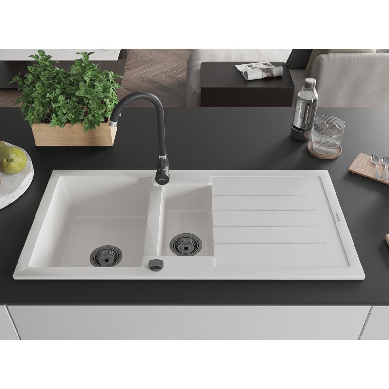 Mexen Andres évier en granit 1,5 bac avec égouttoir 1000 x 500 mm, blanc, siphon noir - 6515101510-20-B