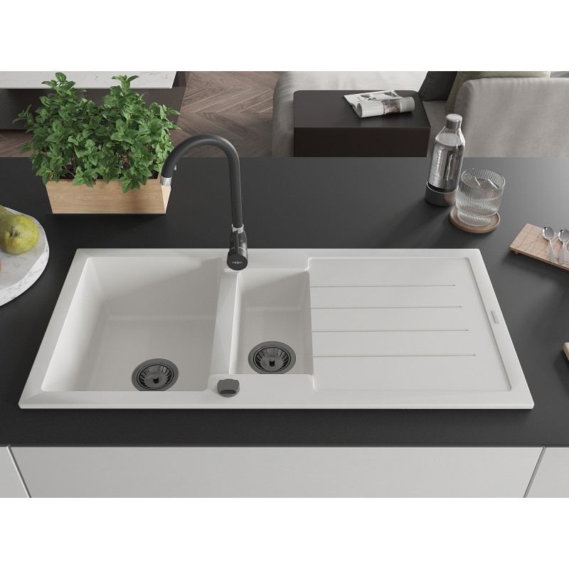 Mexen Andres évier en granit à 1,5 bac avec égouttoir 1000 x 500 mm, blanc, siphon noir - 6515101510-20-B