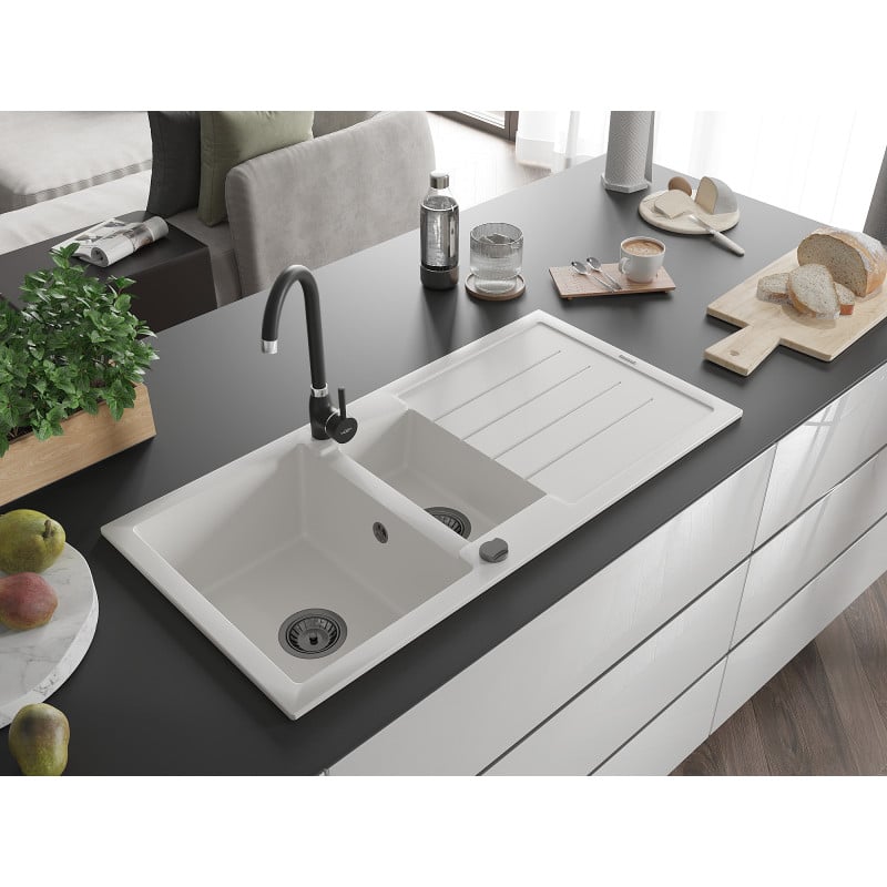 Mexen Andres évier en granit 1,5 bac avec égouttoir 1000 x 500 mm, blanc, siphon noir - 6515101510-20-B