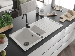 Mexen Andres évier en granit à 1,5 cuvette avec égouttoir 1000 x 500 mm, Blanc, siphon Noir - 6515101510-20-B