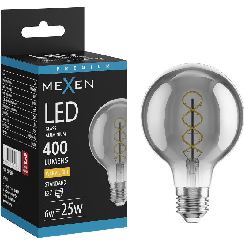 Mexen Vintis Ampoule filament spirale LED E27, G80, 6W, Chaude - 2700K, 400 lm, fumée - L165-E27-0627-70