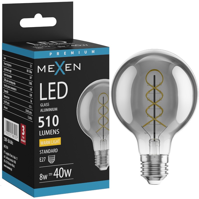 Mexen Vintis Ampoule filament spirale LED E27, G80, 8W, Chaude - 2700K, 510 lm, smoke - L165-E27-0827-70