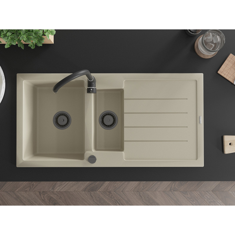 Mexen Andres évier en granit 1,5 bac avec égouttoir 1000 x 500 mm, beige, siphon noir - 6515101510-69-B