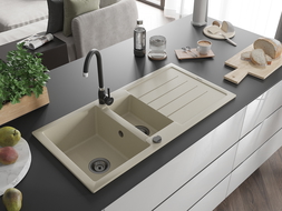Mexen Andres évier en granit à 1,5 cuvette avec égouttoir 1000 x 500 mm, Beige, siphon Noir - 6515101510-69-B