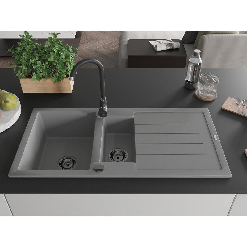 Mexen Andres évier en granit 1,5 bac avec égouttoir 1000 x 500 mm, gris, siphon noir - 6515101510-71-B