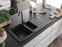 Mexen Andres évier en granit à 1,5 cuvette avec égouttoir 1000 x 500 mm Noir/Or métallique, siphon Noir - 6515101510-75-B