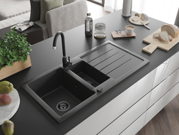 Mexen Andres évier en granit à 1,5 cuvette avec égouttoir 1000 x 500 mm Noir moucheté, siphon Noir - 6515101510-76-B