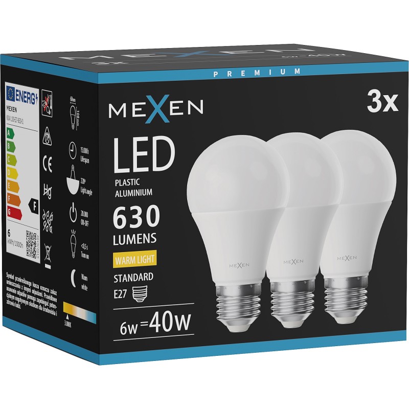 Mexen Nova 3x Ampoule LED E27, A60, 6W, Chaude - 3000K, 630 lm - L100-E27-0630-01x03