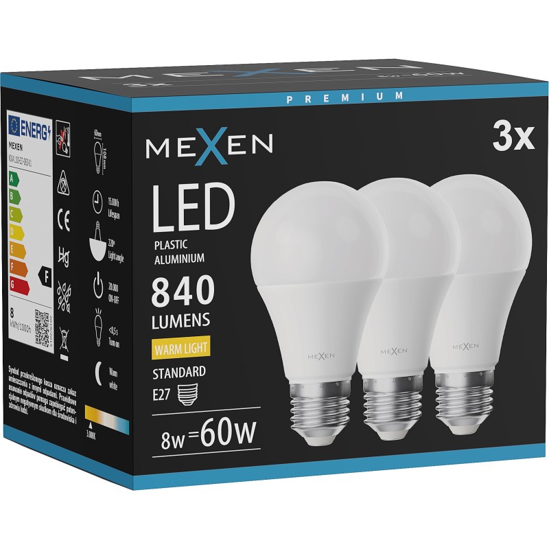 Mexen Nova 3x Ampoule LED E27, A60, 8W, Chaude - 3000K, 840 lm - L100-E27-0830-01x03