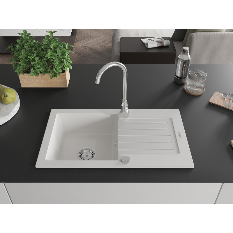 Mexen Pablo évier de cuisine en granit à 1 cuve avec égouttoir 752 x 436 mm, blanc, siphon chromé - 6510751010-20