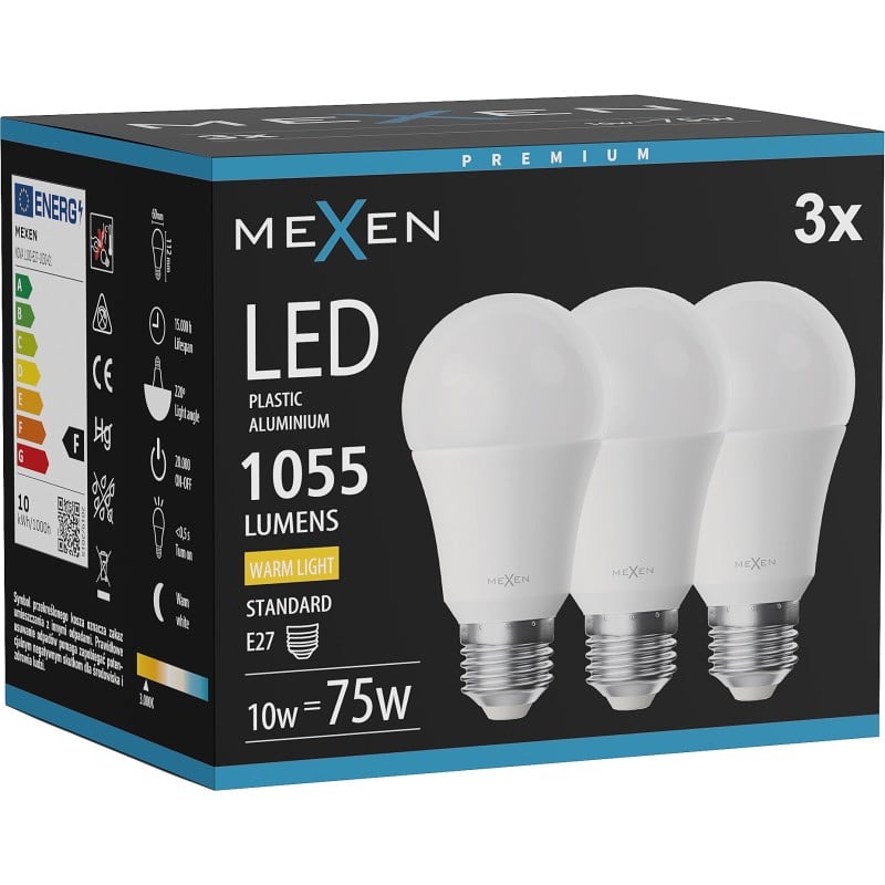 Mexen Nova 3x Ampoule LED E27, A60, 10W, Chaude - 3000K, 1055 lm - L100-E27-1030-01x03