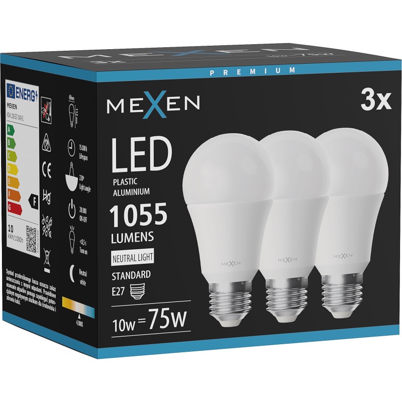 Mexen Nova 3x Ampoule LED E27, A60, 10W, Neutre - 4000K, 1055 lm - L100-E27-1040-01x03