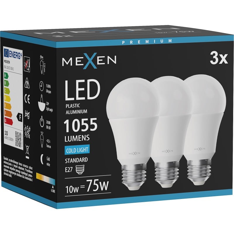 Mexen Nova 3x Ampoule LED E27, A60, 10W, Froid - 6500K, 1055 lm - L100-E27-1065-01x03