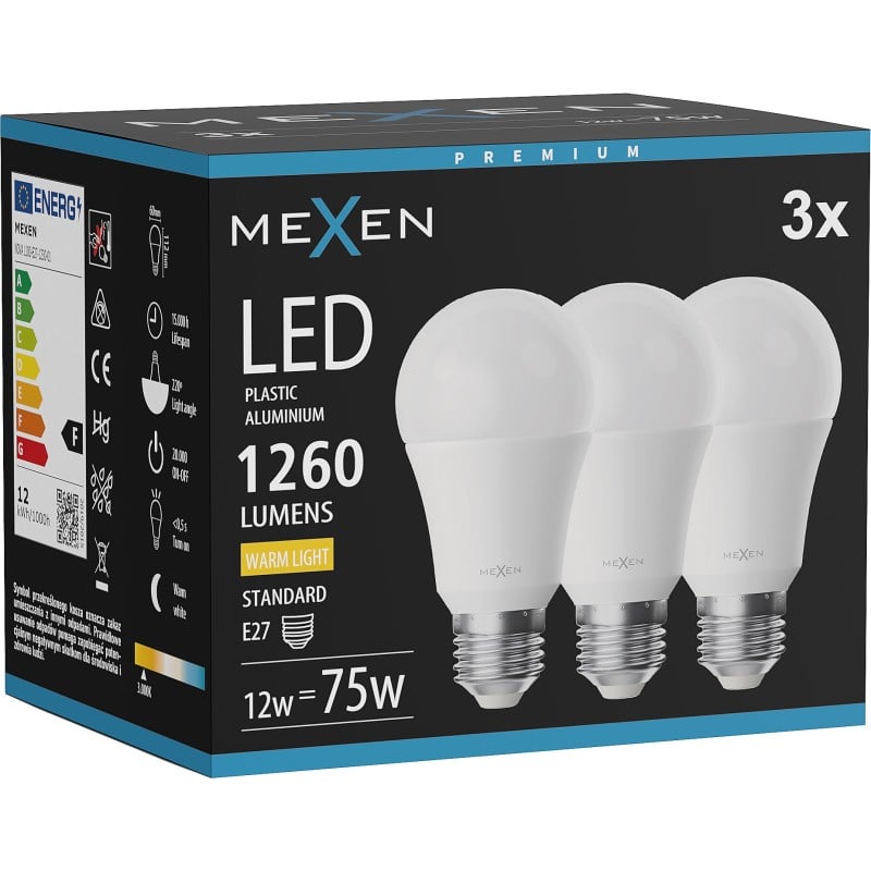 Mexen Nova 3x Ampoule LED E27, A60, 12W, Chaude - 3000K, 1260 lm - L100-E27-1230-01x03