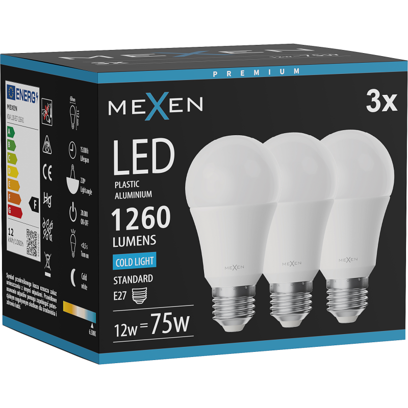 Mexen Nova 3x Ampoule LED E27, A60, 12W, Froid - 6500K, 1260 lm - L100-E27-1265-01x03