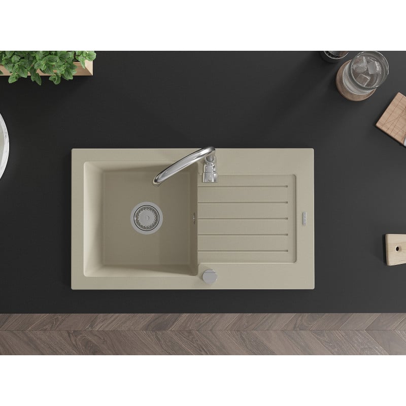 Mexen Pablo évier en granit 1 bac avec égouttoir 752 x 436 mm, beige, siphon chromé - 6510751010-69