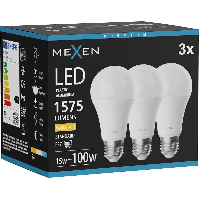 Mexen Nova 3x Ampoule LED E27, A60, 15W, Chaude - 3000K, 1575 lm - L100-E27-1530-01x03