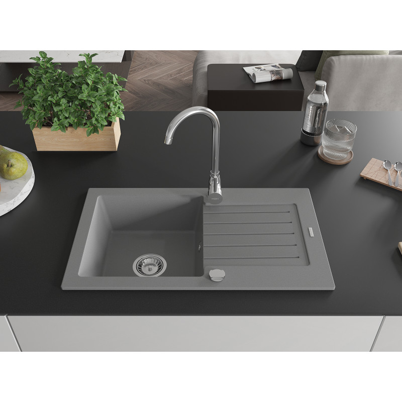 Mexen Pablo évier en granit à 1 bac avec égouttoir 752 x 436 mm, gris, siphon chromé - 6510751010-71
