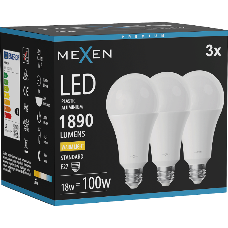 Mexen Nova 3x Ampoule LED E27, A70, 18W, Chaude - 3000K, 1890 lm - L100-E27-1830-01x03