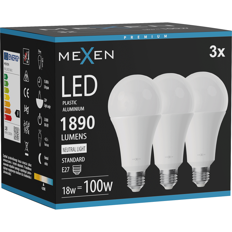 Mexen Nova 3x Ampoule LED E27, A70, 18W, Neutre - 4000K, 1890 lm - L100-E27-1840-01x03