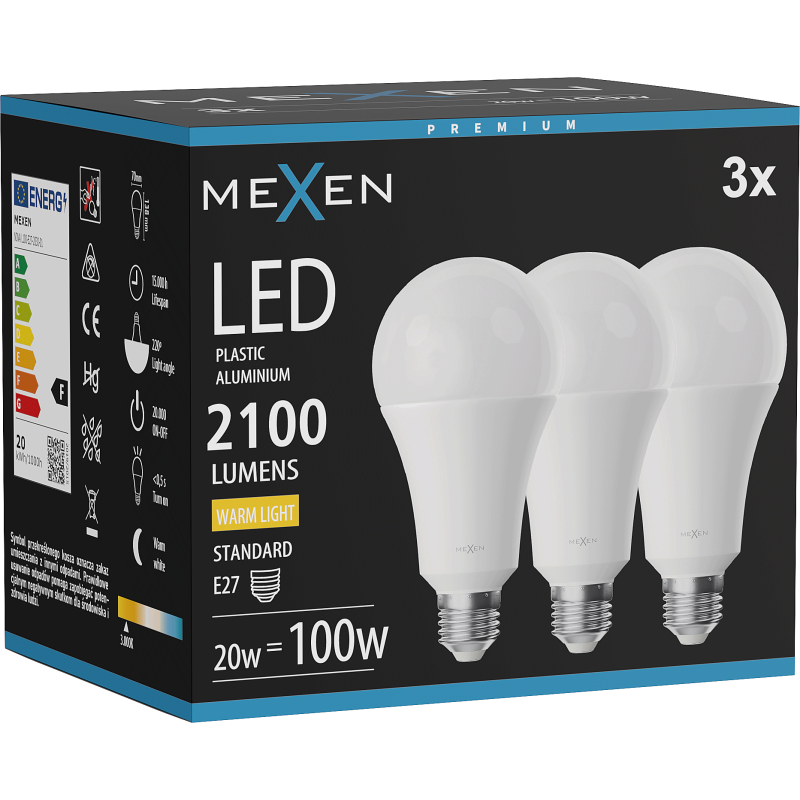 Mexen Nova 3x Ampoule LED E27, A70, 20W, Chaude - 3000K, 2100 lm - L100-E27-2030-01x03
