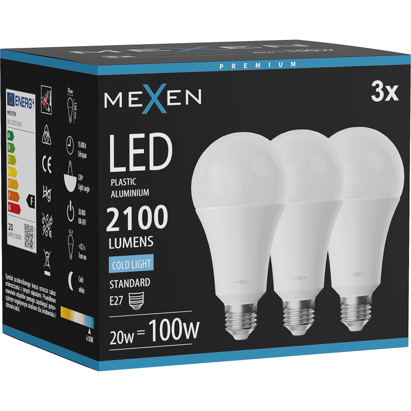 Mexen Nova 3x Ampoule LED E27, A70, 20W, Froid - 6500K, 2100 lm - L100-E27-2065-01x03