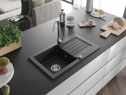 Mexen Pablo évier en granit 1 bac avec égouttoir 752 x 436 mm, noir/doré métallisé, siphon chromé - 6510751010-75