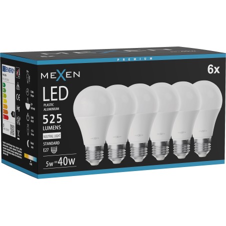 Mexen Nova 6x Ampoule LED E27, A60, 5W, Neutre - 4000K, 525 lm - L100-E27-0540-01x06