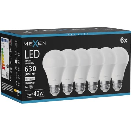 Mexen Nova 6x Ampoule LED E27, A60, 6W, Neutre - 4000K, 630 lm - L100-E27-0640-01x06