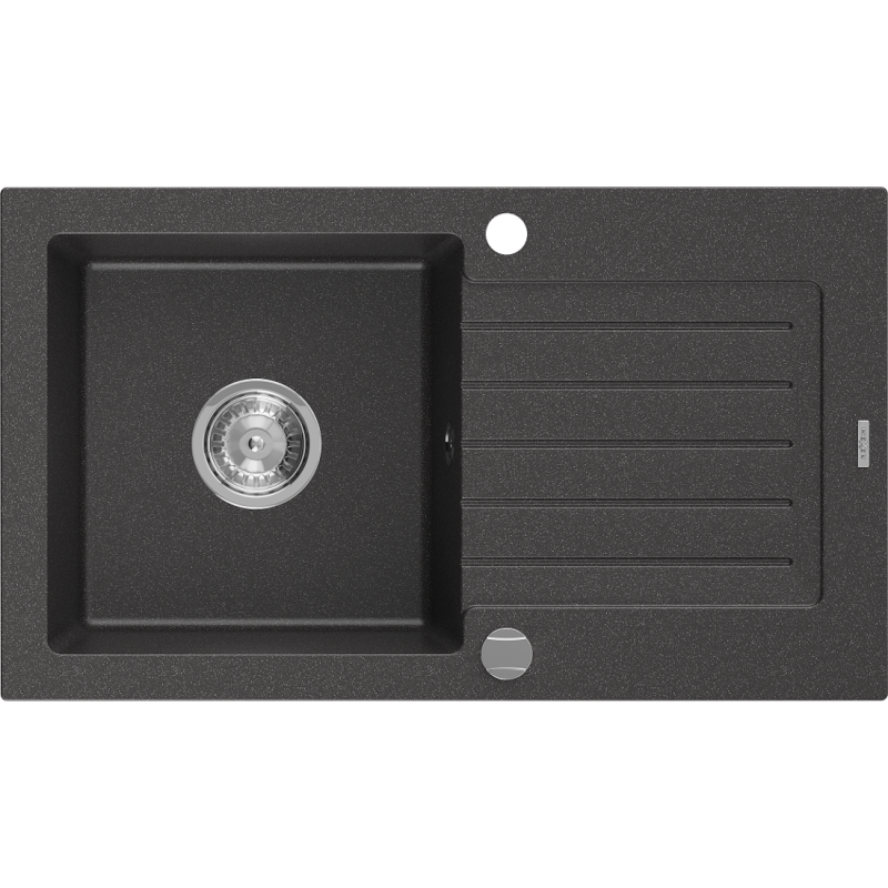 Mexen Pablo évier en granit à 1 bac avec égouttoir 752 x 436 mm, noir moucheté, siphon chromé - 6510751010-76
