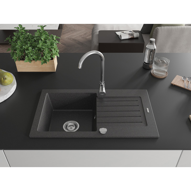 Mexen Pablo évier en granit à 1 bac avec égouttoir 752 x 436 mm, noir moucheté, siphon chromé - 6510751010-76