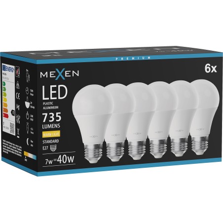 Mexen Nova 6x Ampoule LED E27, A60, 7W, Chaude - 3000K, 735 lm - L100-E27-0730-01x06