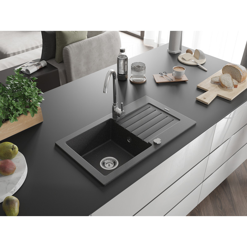 Mexen Pablo évier en granit à 1 bac avec égouttoir 752 x 436 mm, noir moucheté, siphon chromé - 6510751010-76